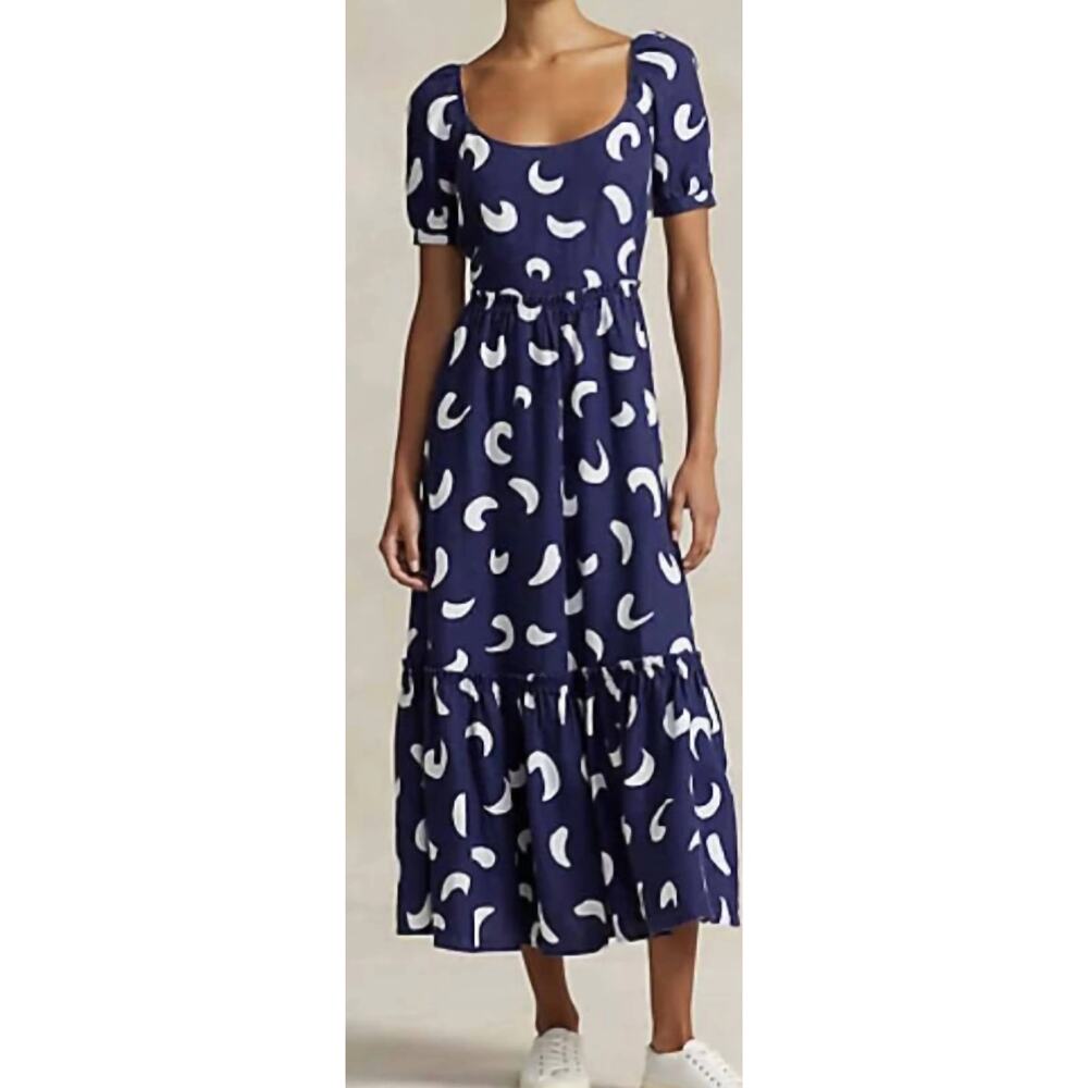 Ralph Lauren 'Kai' Brushstroke Navy Motif Tiered Linen Dress Size S
